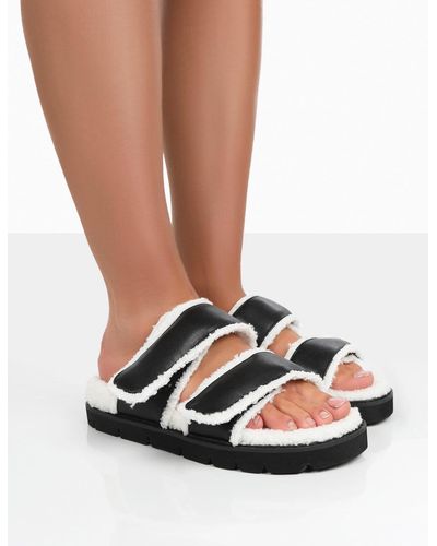 Public Desire Rinc Black Pu Faux Fur Slide Sandals