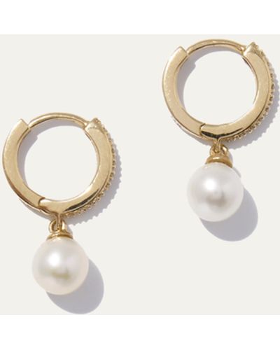 Quince 14k Gold Pave Diamond Hoop Pearl Drop Earrings - Natural