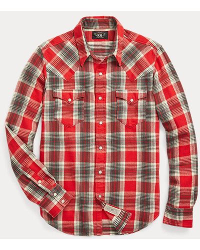 RRL Slim Fit Plaid Twill Western Shirt - Red