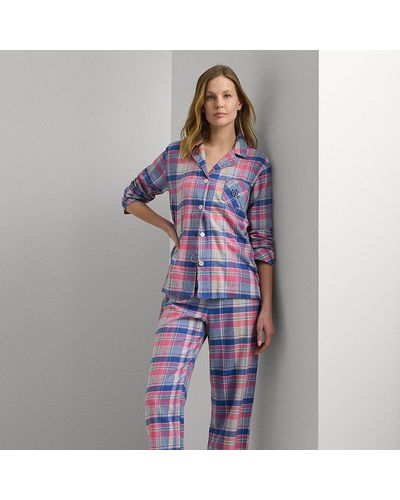 Lauren by Ralph Lauren Geruite Geborstelde Keperstof Pyjamaset - Blauw