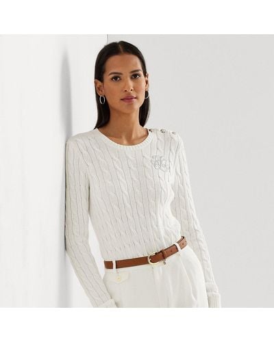 Lauren by Ralph Lauren Button-trim Cable-knit Cotton Jumper - White