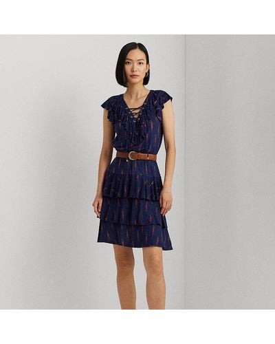 Lauren by Ralph Lauren Jersey Jurk Met Geo-print En Ruches - Blauw