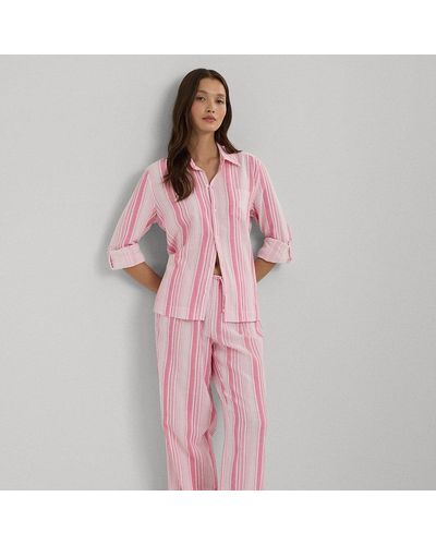 Lauren by Ralph Lauren Ralph Lauren Striped Gauze Roll-tab-sleeve Sleep Set - Pink