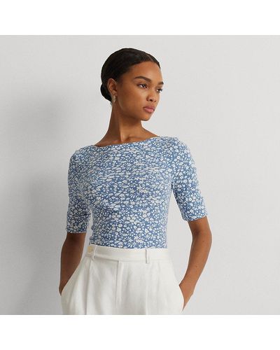 Lauren by Ralph Lauren Ralph Lauren Floral Stretch Cotton Boatneck Tee - Blue