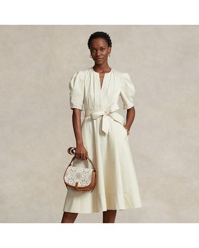 Polo Ralph Lauren Belted Cotton Puffed-sleeve Midi Dress - Natural