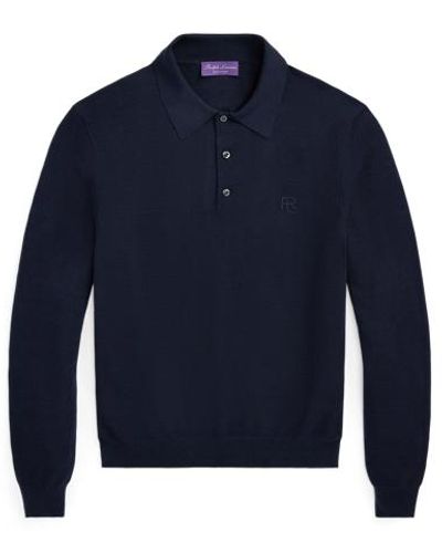 Ralph Lauren Purple Label Textured Silk-cotton Polo-collar Jumper - Blue