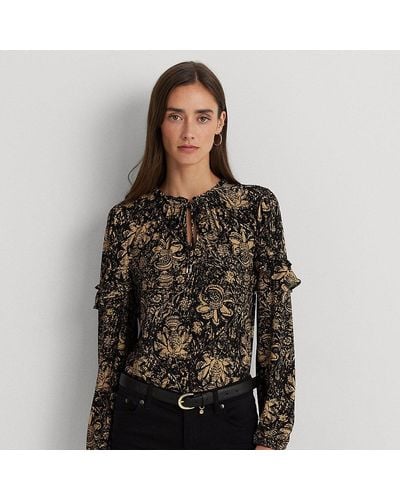 Lauren by Ralph Lauren Ralph Lauren Floral Ruffle-trim Jersey Tie-neck Top - Black