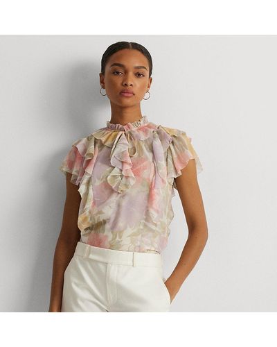 Lauren by Ralph Lauren Petite - Gebloemde Georgette Blouse Met Ruches - Naturel