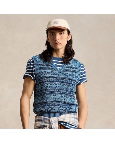 Ralph Lauren Fair Isle Indigo Cotton Sweater Vest - Blue