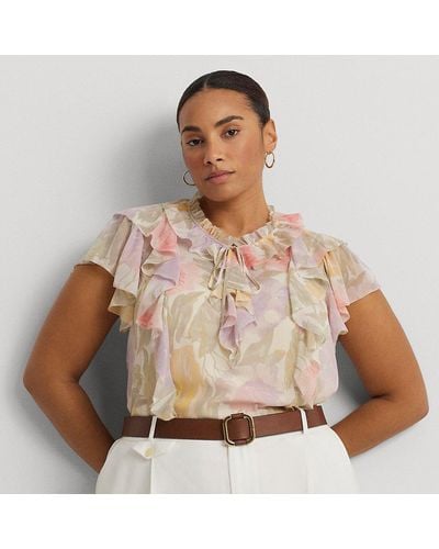 Lauren by Ralph Lauren Curve - Floral Ruffle-trim Georgette Blouse - Brown