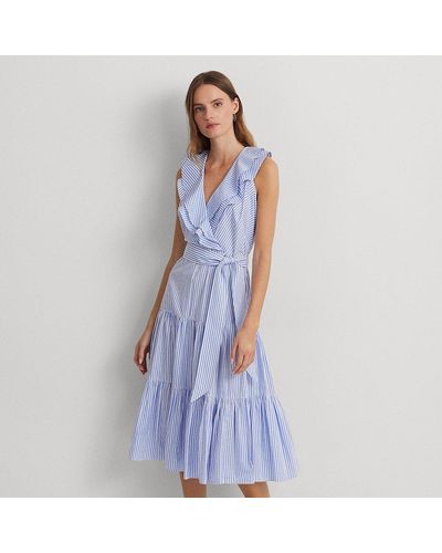 Lauren by Ralph Lauren Ralph Lauren Striped Cotton Broadcloth Surplice Dress - Blue