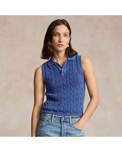 Polo Ralph Lauren Cable-knit Cropped Polo Shirt - Blue
