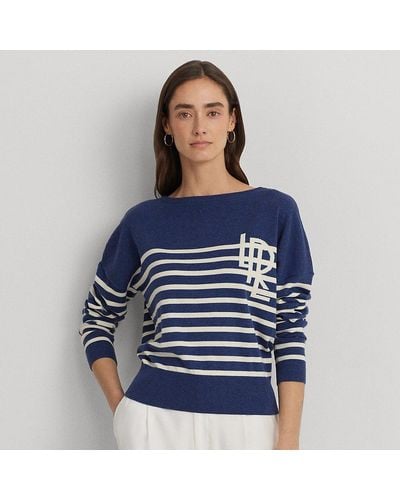 Lauren by Ralph Lauren Ralph Lauren Logo Striped Cotton Boatneck Sweater - Blue