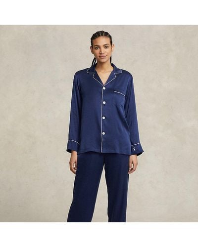Ralph Lauren Stretch Zijden Pyjamaset Met Lange Mouw - Blauw
