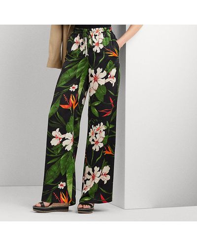 Lauren by Ralph Lauren Pantaloni in charmeuse di raso a fiori - Verde