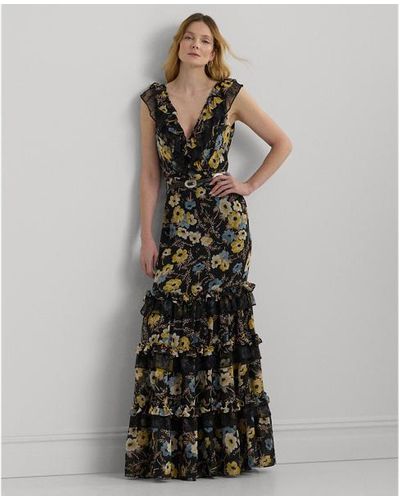 Lauren by Ralph Lauren Floral Ruffle-trim Georgette Gown - Grey