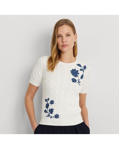 Lauren by Ralph Lauren Floral Cable-knit Short-sleeve Sweater - White