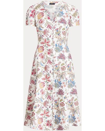 Ralph Lauren Linnen Midi-jurk Met V-hals En Bloemen - Meerkleurig