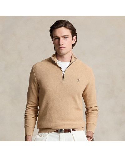 Polo Ralph Lauren Mesh-knit Cotton Quarter-zip Sweater - Natural