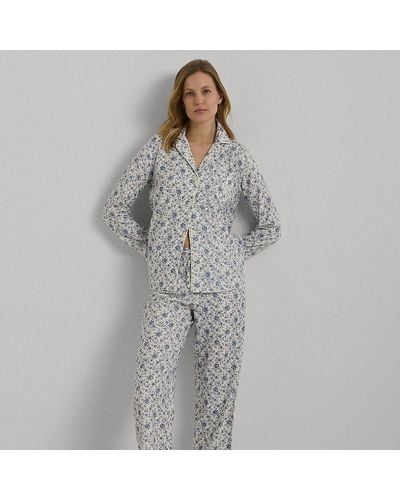 Lauren by Ralph Lauren Gebloemde Geborstelde Keperstof Pyjama - Blauw