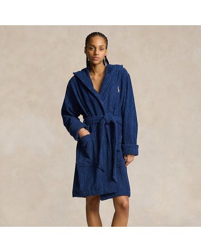 Ralph Lauren Cable Cotton Terry Hooded Robe - Blue