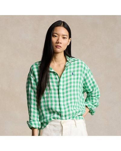 Polo Ralph Lauren Wide Cropped Gingham Linen Shirt - Green
