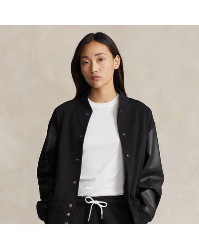 Polo Ralph Lauren Logo Leather-trim Fleece Bomber Jacket - Black