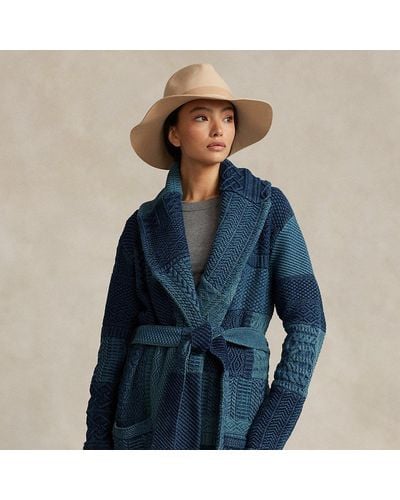 Ralph Lauren Belted Patchwork Cable-knit Cotton Cardigan - Blue