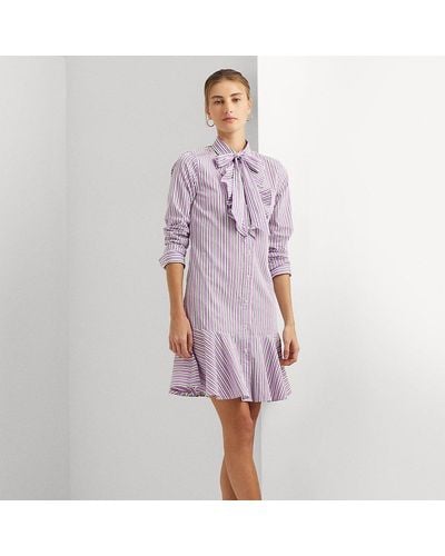 Lauren by Ralph Lauren Ralph Lauren Striped Broadcloth Tie-neck Shirtdress - Purple