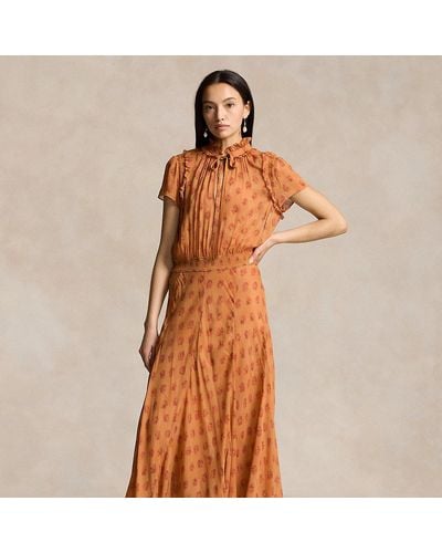 Polo Ralph Lauren Block-print Georgette Tie-neck Dress - Orange