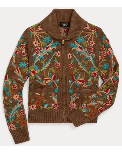 RRL Embroidered Cotton-wool Cardigan - Brown