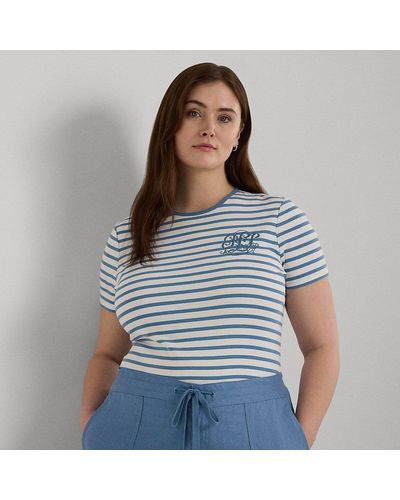 Lauren by Ralph Lauren Plus Size - Gestreept Stretch Katoenen T-shirt - Blauw