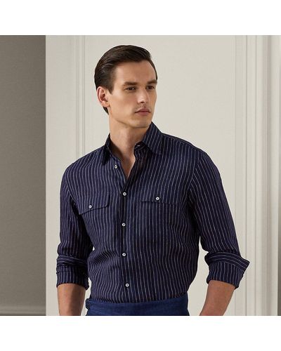 Ralph Lauren Purple Label Pinstripe Linen Shirt - Blue