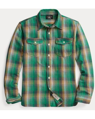 RRL Camisa de trabajo de sarga con cuadros - Verde
