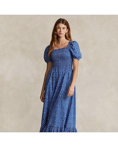 Ralph Lauren Floral Smocked Cotton Dress - Blue