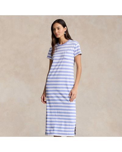 Ralph Lauren Striped Cotton Crewneck Pocket Tee Dress - Blue