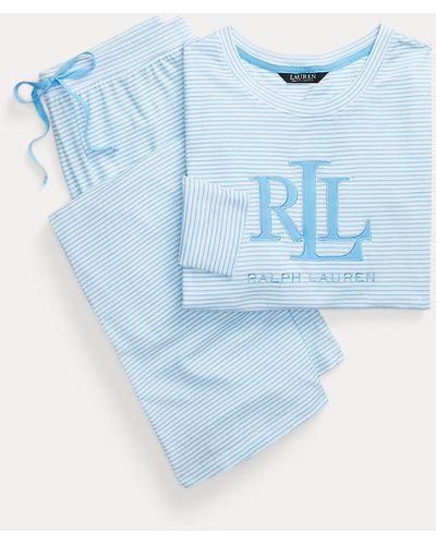 Lauren by Ralph Lauren Gestreepte Jersey Pyjamaset In Katoenmix - Blauw