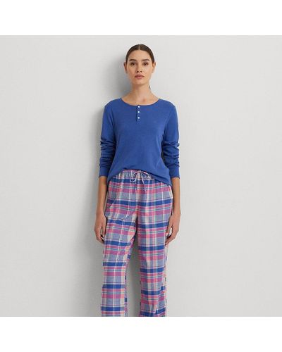 Lauren by Ralph Lauren Ralph Lauren Plaid Cotton-blend Henley Pajama Set - Blue