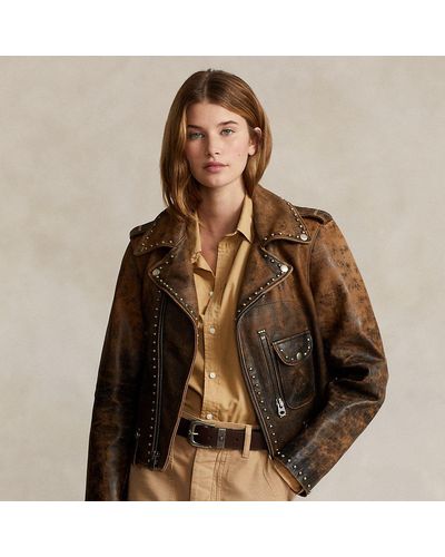 Ralph Lauren Studded Leather Moto Jacket - Brown