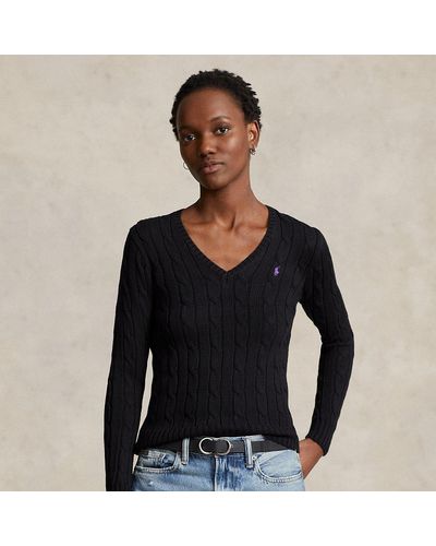 Ralph Lauren Cable-knit Cotton V-neck Sweater - Black