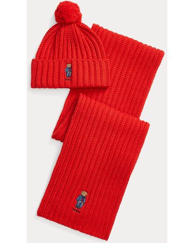 Polo Ralph Lauren Mütze und Schal mit Polo Bear als Set - Rot