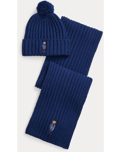 Polo Ralph Lauren Mütze und Schal mit Polo Bear als Set - Blau