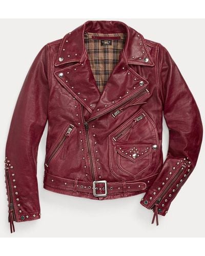 RRL Studded Leather Moto Jacket - Red
