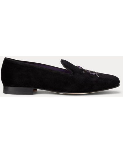 Ralph Lauren Purple Label Pantofole Alonzo in velluto con stemma - Nero