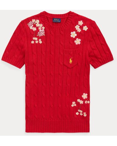 Polo Ralph Lauren Floral Cable Cotton Short-sleeve Jumper - Red