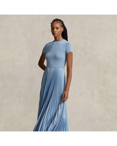 Polo Ralph Lauren Hybride Gebreide Midi-jurk Met Plooien - Blauw