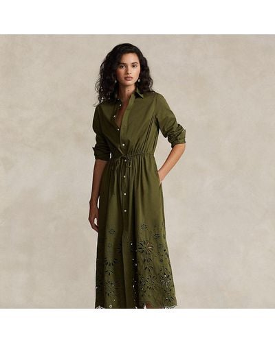 Polo Ralph Lauren Baumwollhemdkleid mit Lochstickerei - Grün