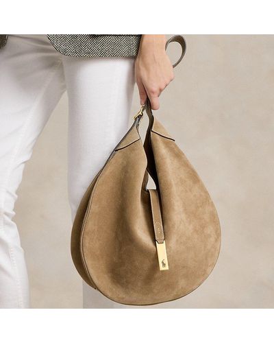 Ralph Lauren Grote Suède Polo Id Shoulder Tas - Naturel