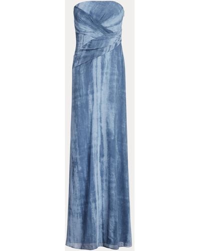 Ralph Lauren Tie-dye Print Georgette Strapless Gown - Blue