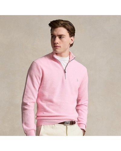 Ralph Lauren Mesh-knit Cotton Quarter-zip Sweater - Pink